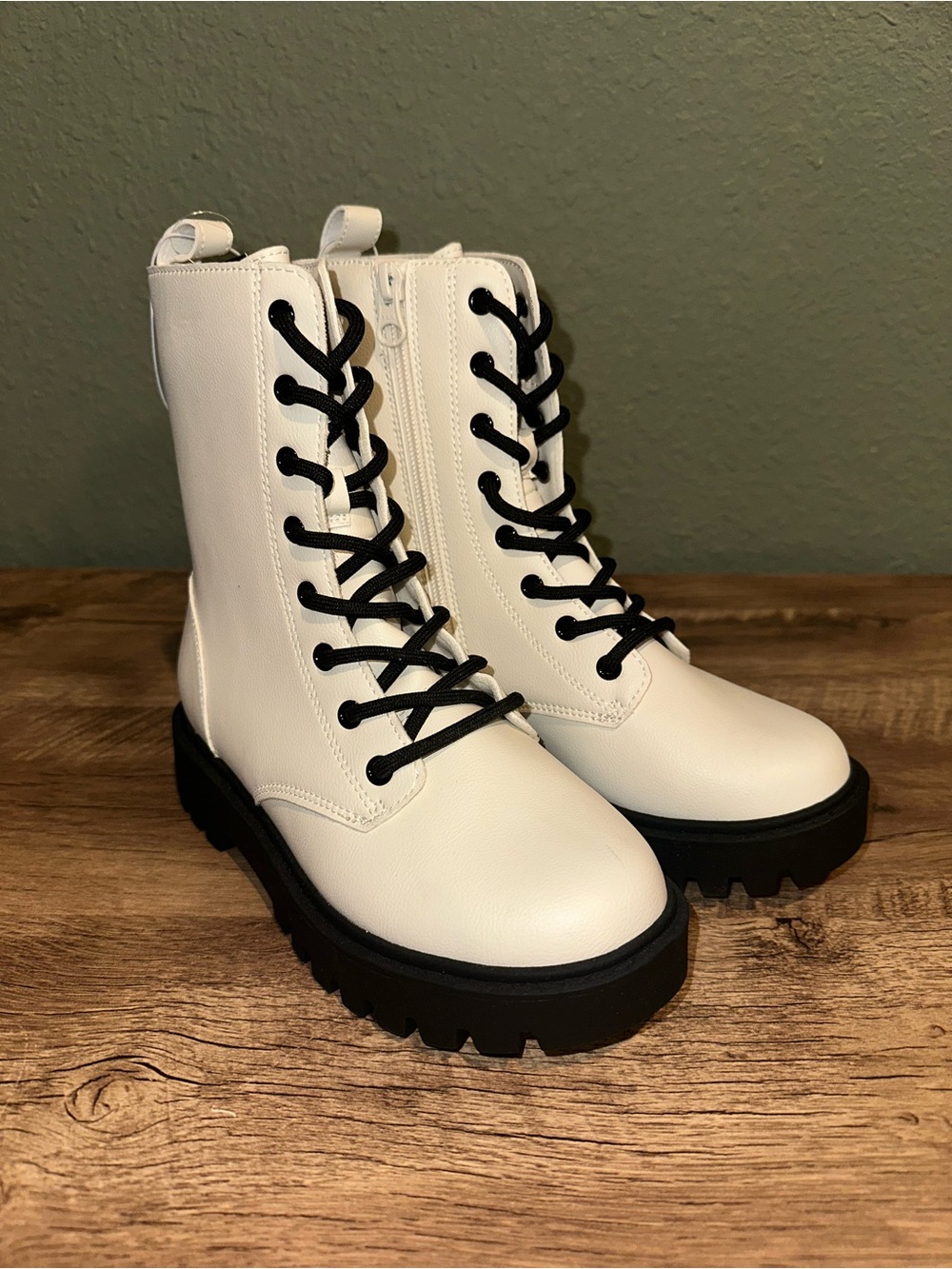 art class White Lace-Up Combat Boots with Black Laces and Black Lug Sole